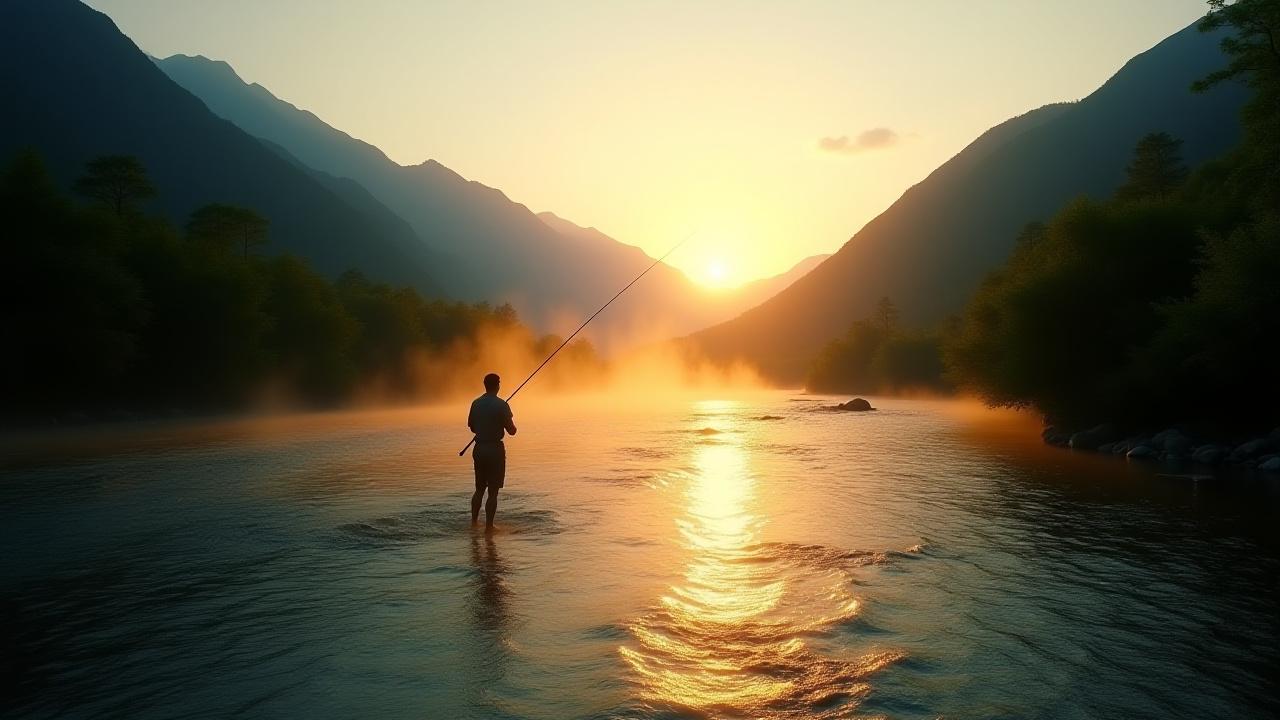 長野の山脈と川での釣り風景