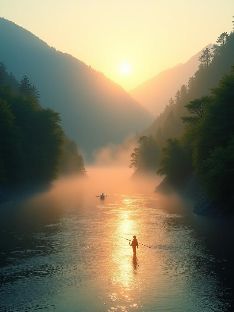 長野の山脈と川での釣り風景